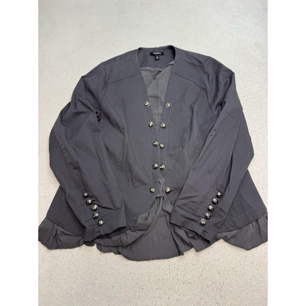 Torrid Blazer Jacket Women's 3 Gray Military Ruffle Hem Button Twill Lined